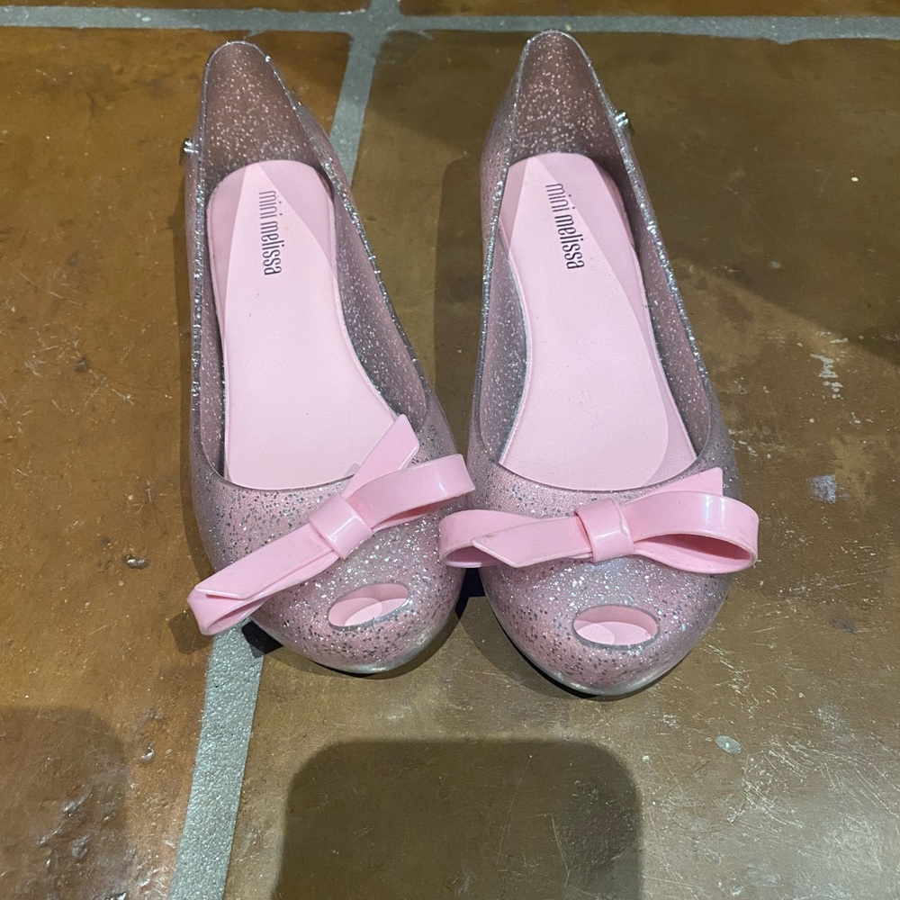 Mini Melissa Sparkling Pink Flats with Bow peep toe size 1